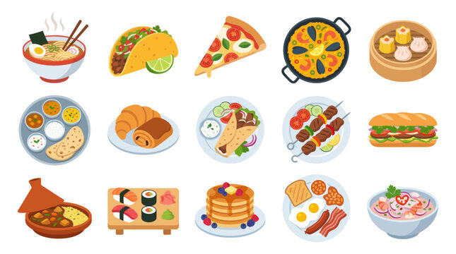 International Food Flat Vector Collection. World Cuisine Dishes Set: Ramen, Tacos, Pizza, Sushi, Breakfast, Dim Sum, Kebab, Curry, Sandwich.