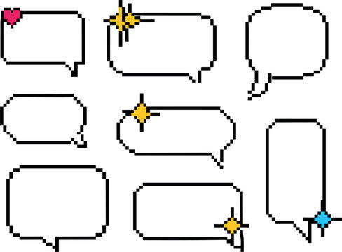 Pixel art speech bubbles vector set, retro 8 bit conversation clouds, cute comic chat box dialogue templates