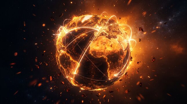 Burning Planet Earth with Glowing Digital Network Lines and Flying Sparks in Deep Space