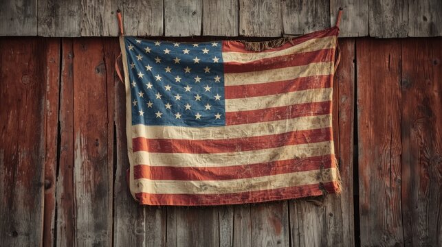 American flag hangs draped against the weathered texture of rustic wooden barn slats.