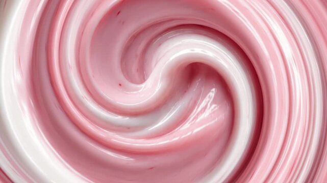 Luxury Glossy Strawberry Yogurt Cream Swirl Background with Smooth Pink and White Liquid Texture, Premium Dessert Spiral and Abstract Food Surface