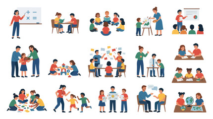 Fototapeta premium Education and Learning Activities Flat Vector Illustration Set: Teachers, Students Children in School.