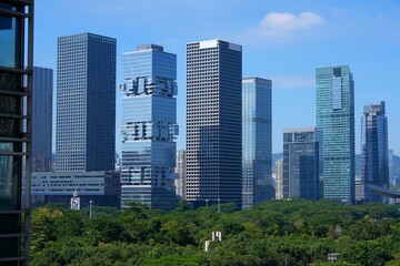 Fototapeta premium Shenzhen city skyline on a sunny day. Downtown Futian district of Shenzhen, China.