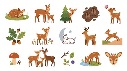 Fototapeta premium Cute Cartoon Deer and Fawn Family Forest Animals Flat Vector Art