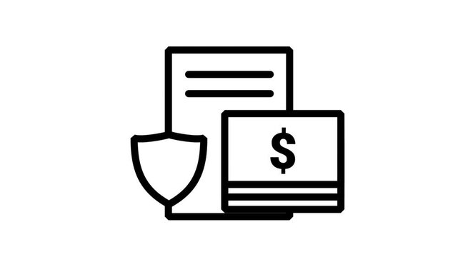 Secure Financial Document Icon. Animated line icon featuring a secure corporate document protected by a shield alongside a stack of cash banknotes.