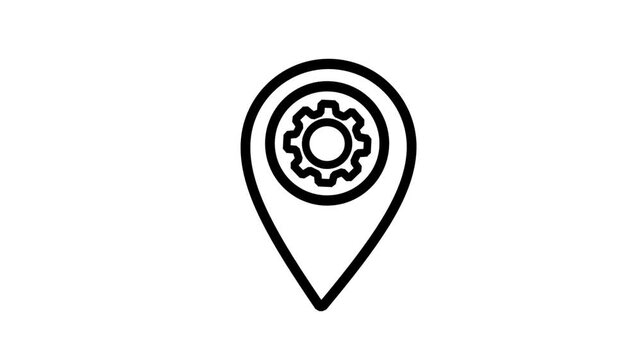 Map Pin Gear Icon. Animated line icon of a map navigation location pin containing a mechanical gear symbol for local optimization services.
