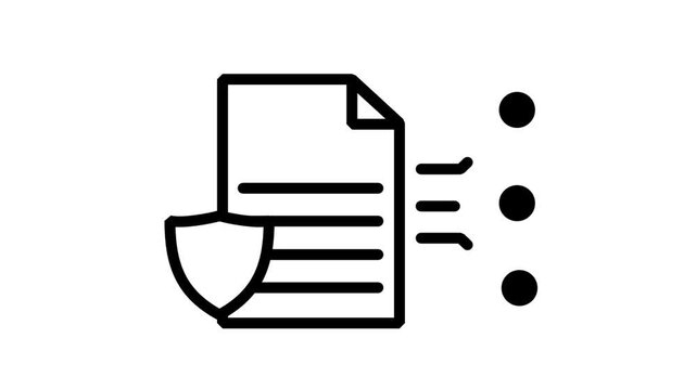 Secure Document Policy Icon. Animated line icon illustrating a secure legal paper document guarded by a protective shield with listed details attached.