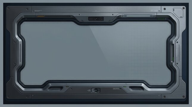 A sleek, high-tech futuristic interface featuring a metallic frame, grid-patterned screen, and advanced UI elements. Ideal for sci-fi, gaming, and tech designs.