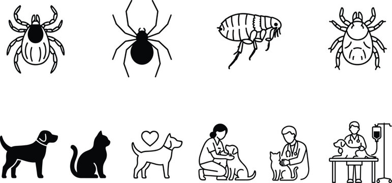 Veterinary pet care line icon set featuring tick flea spider dog cat vet examination and parasite treatment vector