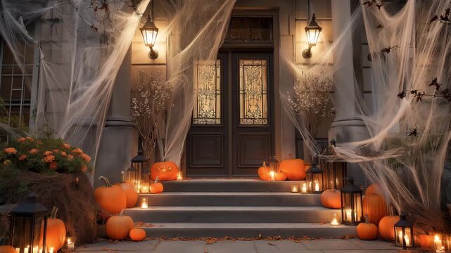 A house is decorated with pumpkins and lights for Halloween, featuring cobwebs and candles on the steps during the evening