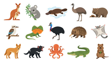 Obraz premium Australian Wildlife Flat Design Vector Icons Set. Cartoon Animals Collection with Kangaroo, Koala, Platypus, Emu, Wombat.