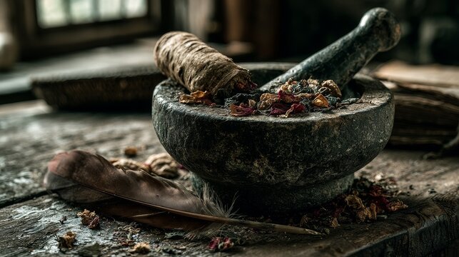 Stone mortar with mandrake roots and petals on a wooden table.