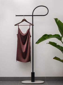 Elegant  satin slip dress hanging on minimalist clothing rack with tropical plant