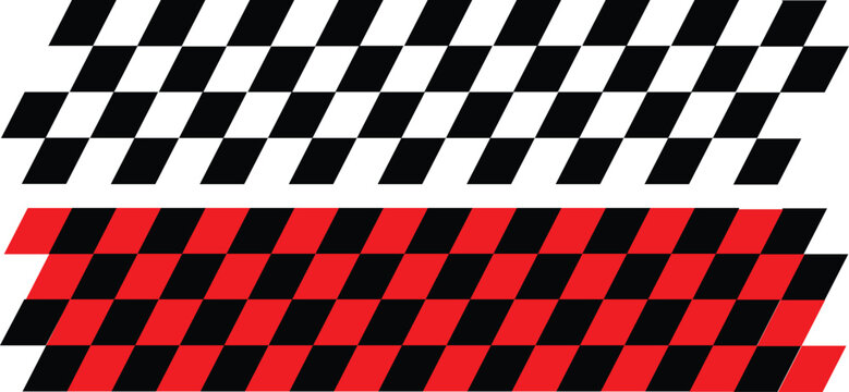 Checkered racing flag vector banners, black and white speed pattern with red and black competition stripes, automotive sports finish line graphics for car decals and rally branding