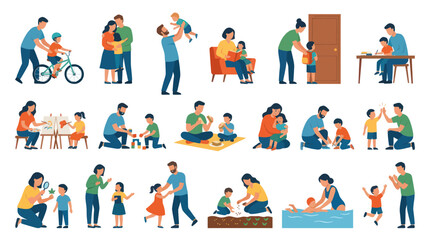 Fototapeta premium Family Parenting and Childhood Flat Vector Illustration Set. Parents and Kids Daily Life Activities.
