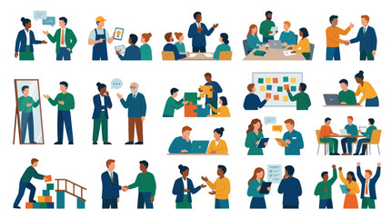 Fototapeta premium Modern Flat Illustration: Diverse Business Professionals Interacting, Teamwork, HR, Communication, Training Scenes