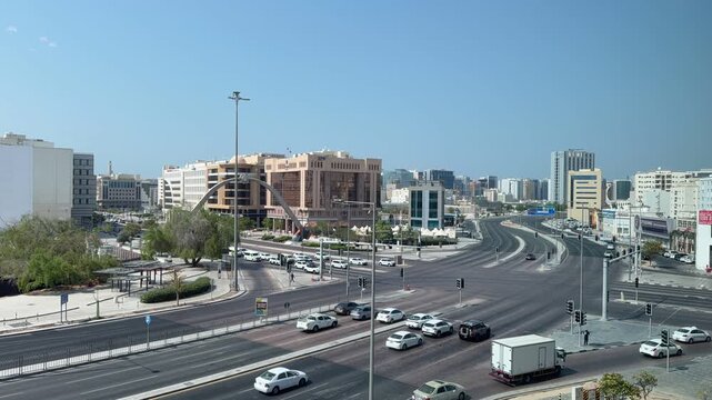 Doha, Qatar - July 11, 2026: Aerial view of Qatar Bank Street. Doha Roads and traffic 