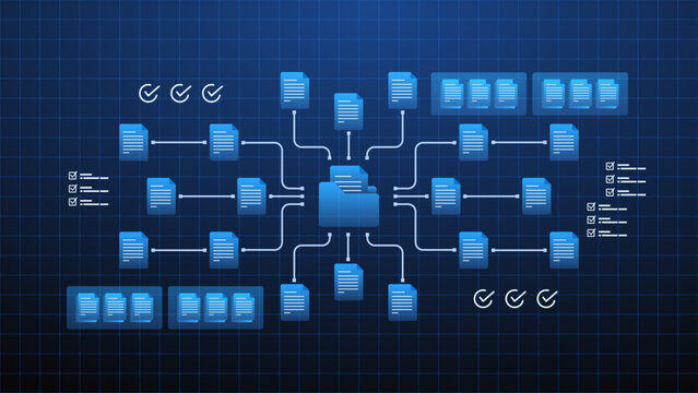 Document management processing workflow with file management, validation task checklist and data network.