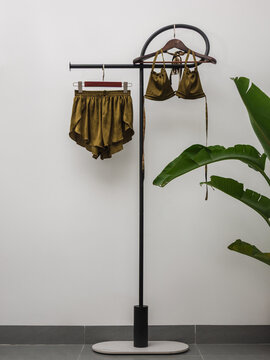 Patterned bikini and matching beach shorts hanging on minimalist clothing rack with tropical plant