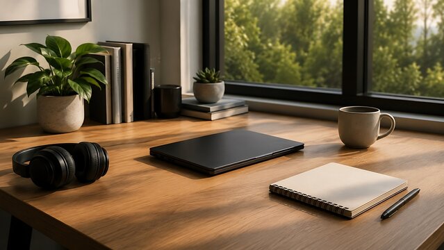 A modern home office desk setup with a laptop, headphones, notebook, and a mug by a window with greenery outside.
