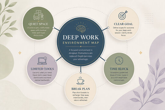 An infographic illustrates five components of a deep work environment: Quiet Space, Clear Goal, Limited Tools, Time Block, and Break Plan.