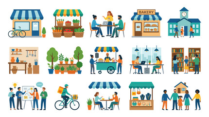 Naklejka premium Flat Vector Illustration of Small Businesses and Community Life