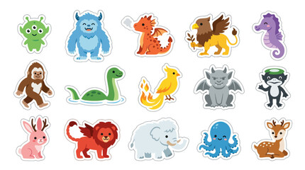 Obraz premium Cute Cartoon Fantasy and Mythical Creatures Stickers Vector Collection. Flat Illustration of Monsters, Animals, and Cryptids.