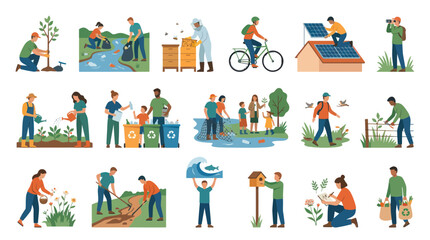 Fototapeta premium Environmental Protection and Sustainable Activities Flat Vector Illustration Set. Green Living Ecology Concepts