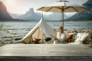 Beach tent on sandy shore with copy space – tropical summer relaxation concept © magdal3na