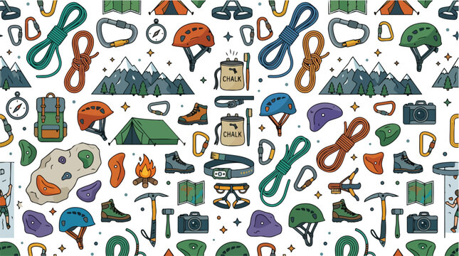 Seamless pattern with hand drawn mountaineering and climbing equipment.