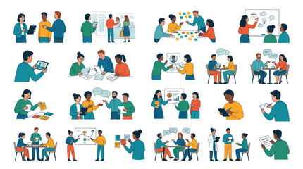 Fototapeta premium Diverse people in modern office flat illustration, team collaboration and brainstorming