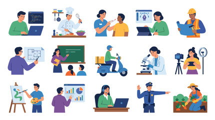 Fototapeta premium Flat Style Vector Illustration of Diverse Professions and Occupations