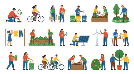 Fototapeta premium Flat Vector Illustrations: Sustainable Eco-Friendly Lifestyle, Green Living, Environmental Protection