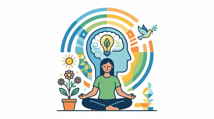 Obraz premium A woman meditates cross-legged with a serene expression surrounded by a vibrant head silhouette with a lightbulb flowe
