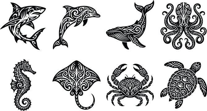 Collection of Tribal Marine Animal Illustrations Featuring Shark Dolphin Whale Octopus and Sea Turtle Designs