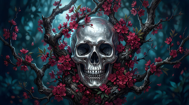 Happy halloween silver skull amidst blooming cherry blossoms dark floral gothic art for spooky season decor