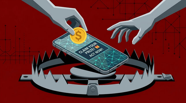 Smartphone displaying a prize notification sits on a bear trap to illustrate the deceptive nature of clickbait advertising.