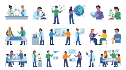 Fototapeta premium Science, Technology Research: Diverse Professionals and Innovations Flat Vector Illustration Set