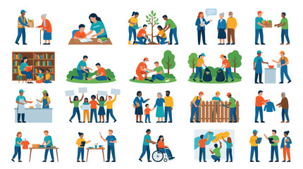 Fototapeta premium Flat Vector Illustrations of Diverse People Volunteering, Engaging in Community Service and Charity