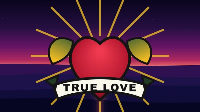 Animated tattoo heart over sunset ocean with true love ribbon banner.