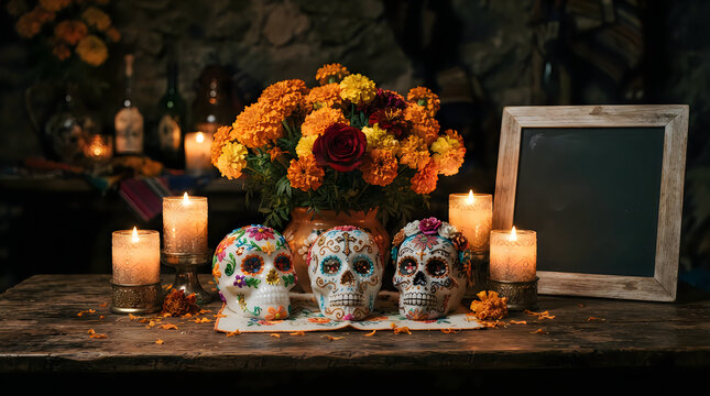 Happy halloween vibrant sugar skulls marigolds and candles for a festive day of the dead altar display