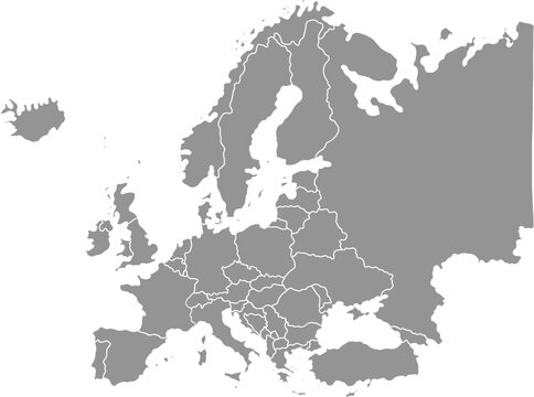 Europe Political Map Vector with Gray Countries and White Borders