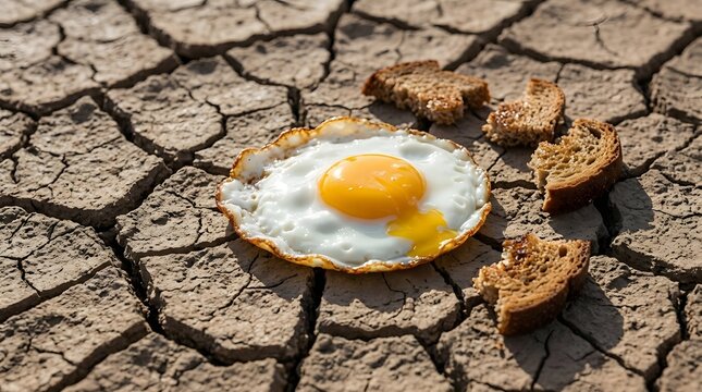 Fried egg served with bread crusts on cracked dry desert ground.