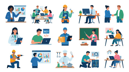 Fototapeta premium Diverse professionals in flat illustration style: doctors, chefs, builders, coders