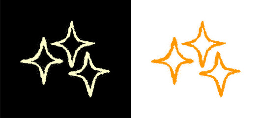 White colored sparkling stars shape drawn with spray paint texture. Creative street art graphic element template with isolated shiny magic twinkle silhouette layout on black background clip art. © dirtyfellas