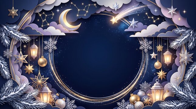 Magical Christmas winter night sky background with golden moon, stars, hanging ornaments, and glowing lanterns for holiday greeting cards.