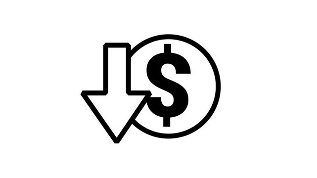 Financial Loss Depreciation Icon. Animated icon showing a dollar sign with a downward arrow representing financial loss and economic market depreciation.