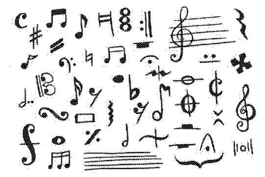 Hand drawn musical notes and symbols set, sketch style icons, music notation elements
