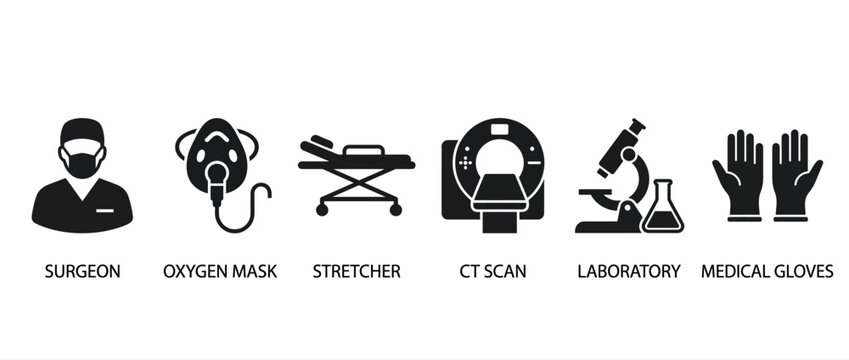 Medical icons set with surgeon and equipment. Healthcare vector symbols for clinical design.
