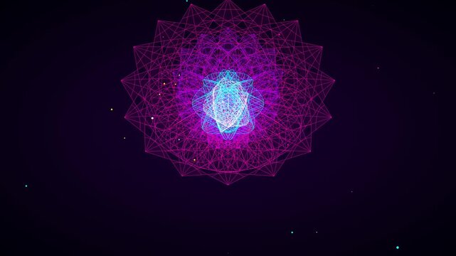 Abstract geometric mandala animation, vibrant purple and blue digital plexus network, futuristic spiritual energy flow, hypnotic meditation background, evolving sacred geometry pattern